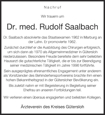 Traueranzeige von Rudolf Saalbach von Neue Westfälische