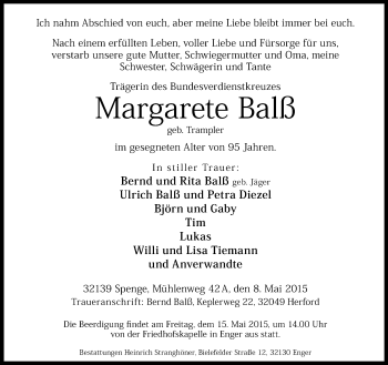Traueranzeige von Margarete Balß von Neue Westfälische
