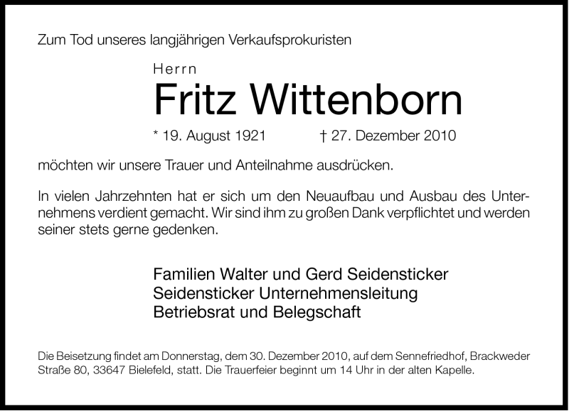  Traueranzeige für Fritz Wittenborn vom 29.12.2010 aus Neue Westfälische