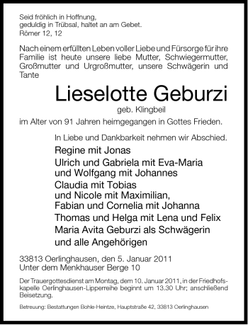 Traueranzeige von Lieselotte Geburzi von Neue Westfälische