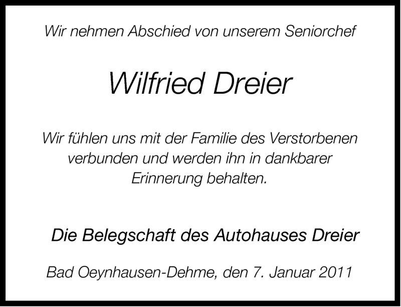  Traueranzeige für Wilfried Dreier vom 08.01.2011 aus Neue Westfälische