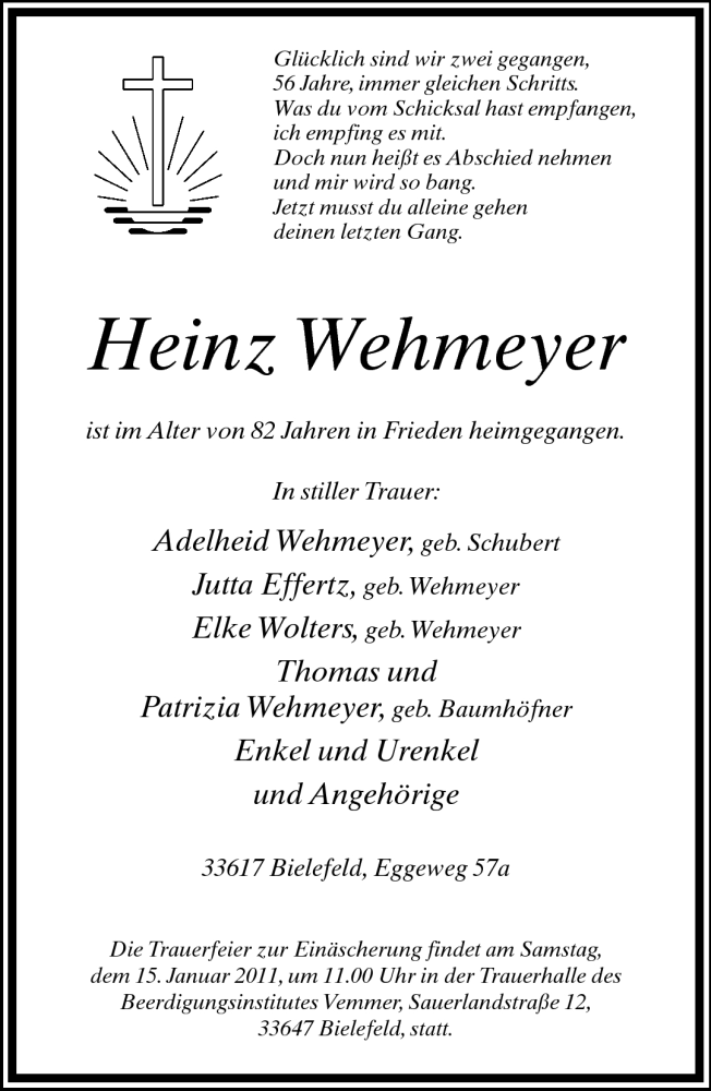  Traueranzeige für Heinz Wehmeyer vom 08.01.2011 aus Neue Westfälische
