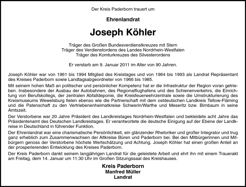  Traueranzeige für Joseph Köhler vom 11.01.2011 aus Neue Westfälische