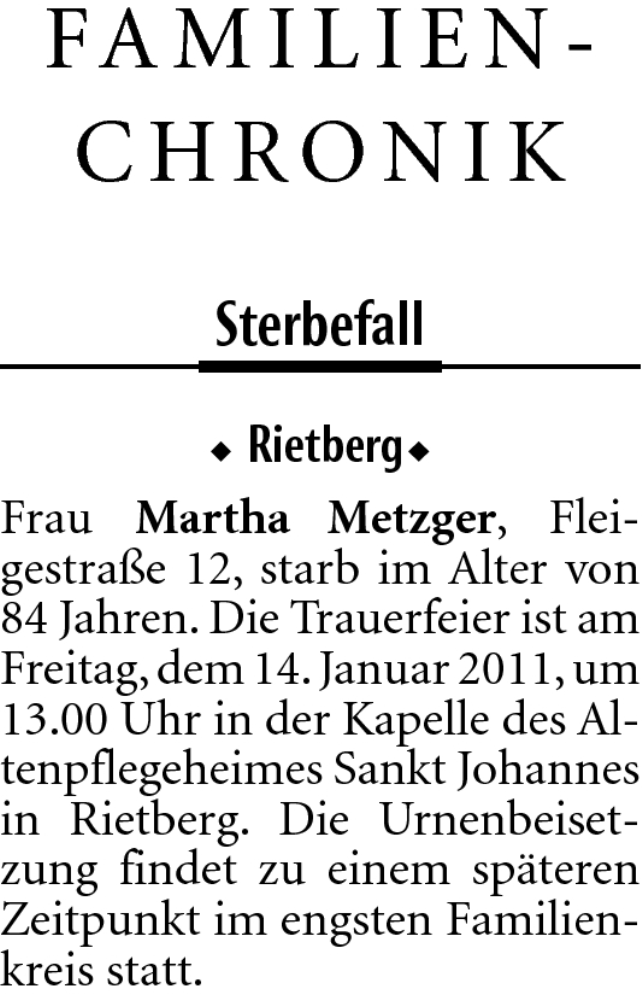  Traueranzeige für Martha Metzger vom 13.01.2011 aus Neue Westfälische