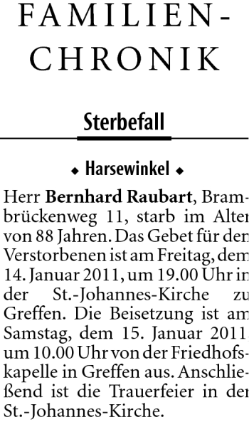 Traueranzeige von Bernhard Raubart von Neue Westfälische