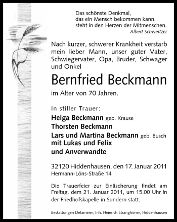 Traueranzeige von Bernfried Beckmann von Neue Westfälische