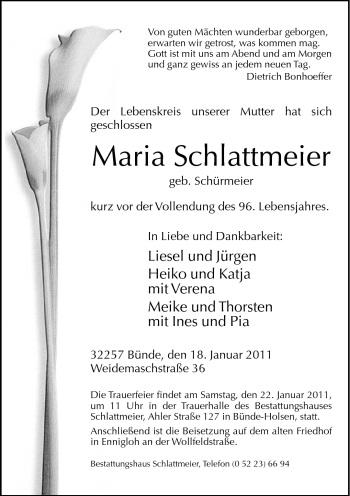 Traueranzeige von Maria Schlattmeier von Neue Westfälische