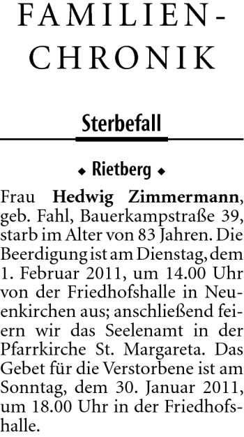 Traueranzeige von Hedwig Zimmermann von Neue Westfälische