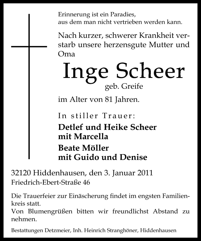  Traueranzeige für Inge Scheer vom 04.01.2011 aus Neue Westfälische