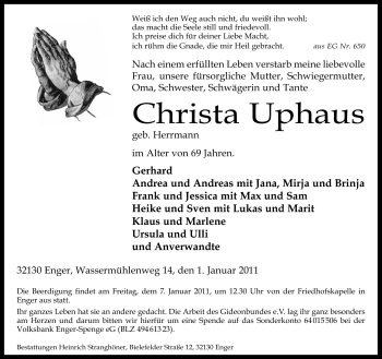 Traueranzeige von Christa Uphaus von Neue Westfälische