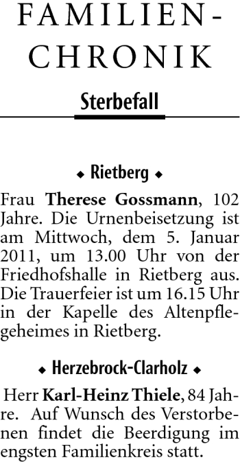 Traueranzeige von Therese Gossmann von Neue Westfälische