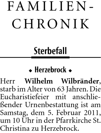 Traueranzeige von Wilhelm Wilbränder von Neue Westfälische