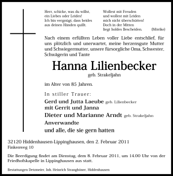 Traueranzeige von Hanna Lilienbecker von Neue Westfälische