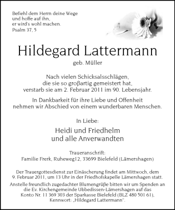 Traueranzeige von Hildegard Lattermann von Neue Westfälische