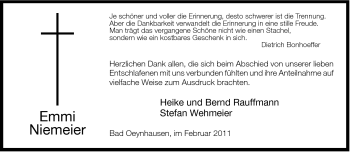 Traueranzeige von Emmi Niemeier von Neue Westfälische