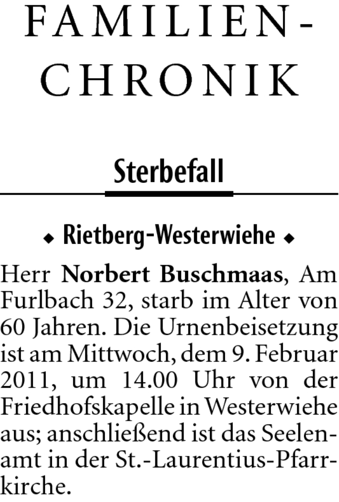  Traueranzeige für Norbert Buschmaas vom 05.02.2011 aus Neue Westfälische
