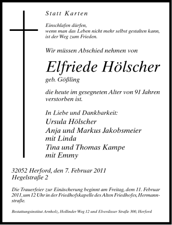 Traueranzeige von Elfriede Hölscher von Neue Westfälische