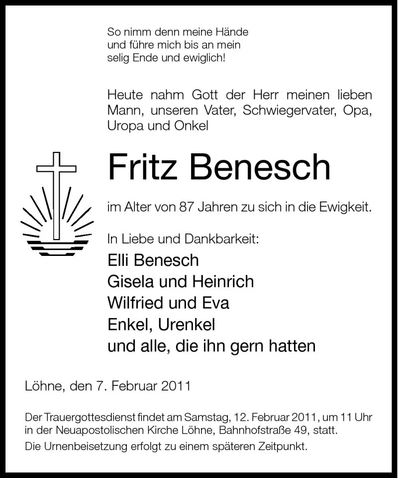  Traueranzeige für Fritz Benesch vom 09.02.2011 aus Neue Westfälische