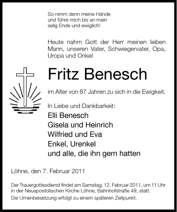 Traueranzeige von Fritz Benesch von Neue Westfälische