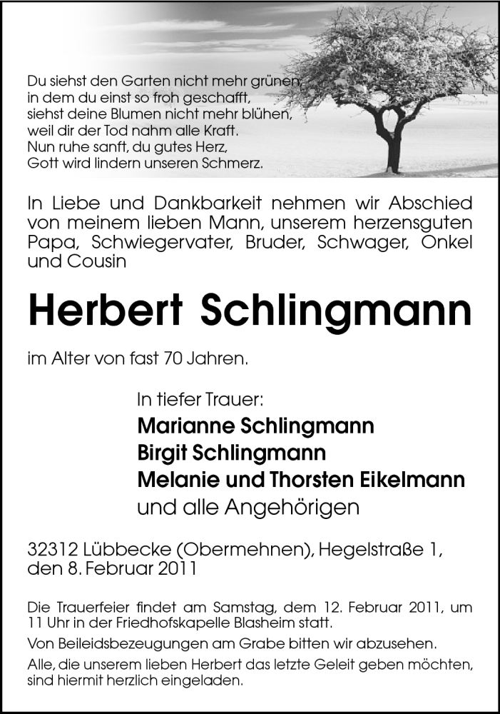 Traueranzeige für Herbert Schlingmann vom 09.02.2011 aus Neue Westfälische