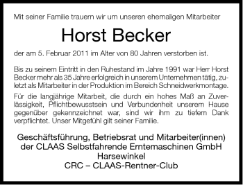 Traueranzeige von Horst Becker von Neue Westfälische