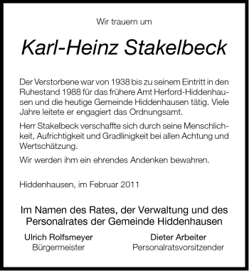Traueranzeige von Karl-Heinz Stakelbeck von Neue Westfälische
