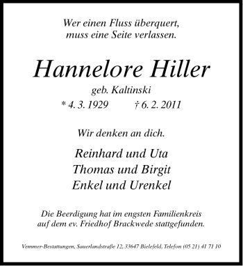 Traueranzeige von Hannelore Hiller von Neue Westfälische
