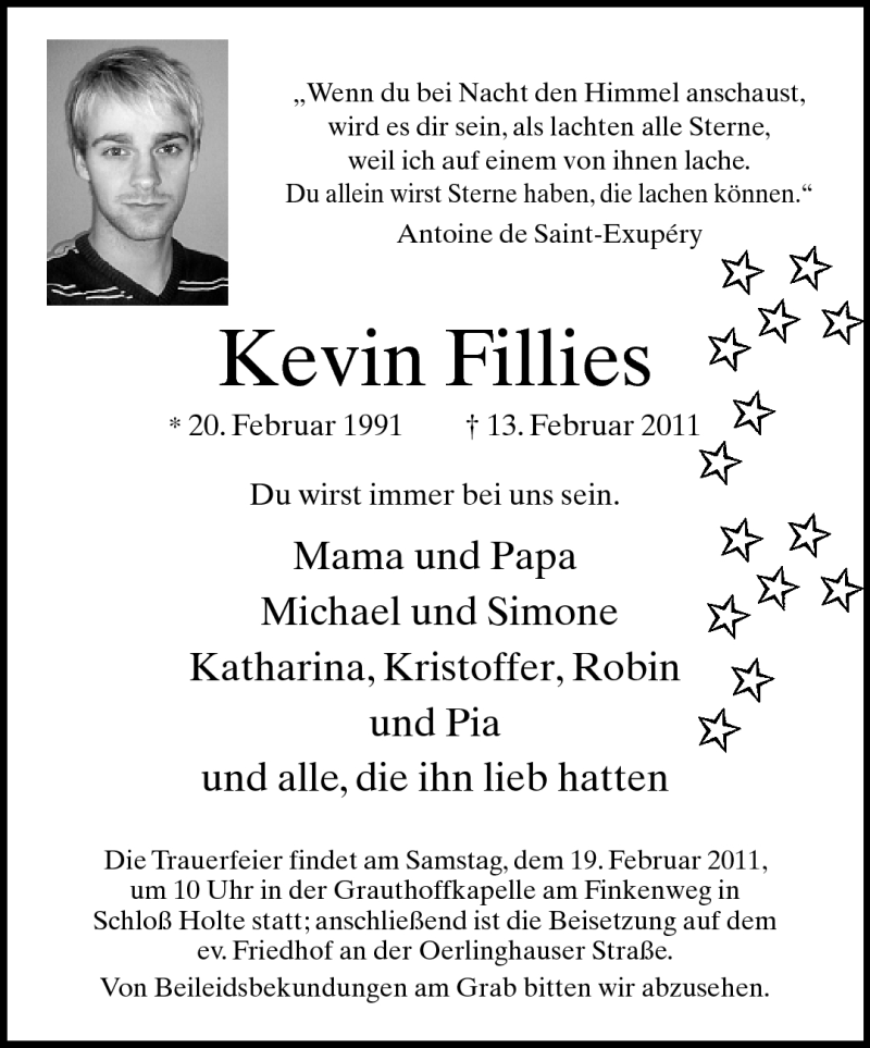  Traueranzeige für Kevin Fillies vom 16.02.2011 aus Neue Westfälische