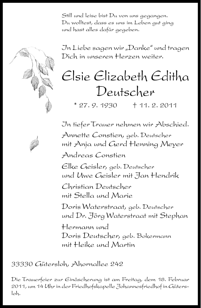  Traueranzeige für Elsie Elizabeth Editha Deutsch vom 16.02.2011 aus Neue Westfälische