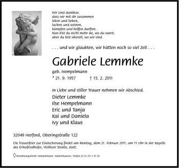 Traueranzeige von Gabriele Lemmke von Neue Westfälische