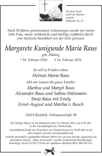 Traueranzeige von Margarete Kunigunde Maria Raus von Neue Westfälische