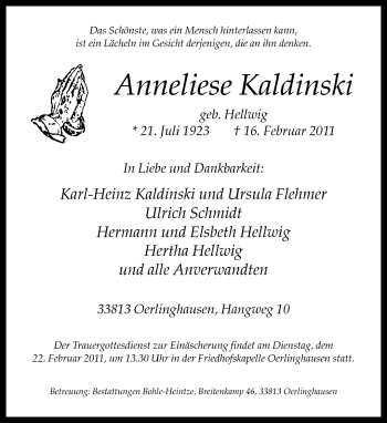 Traueranzeige von Anneliese Kaldinski von Neue Westfälische