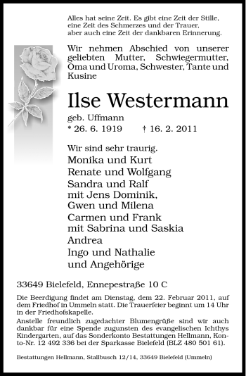 Traueranzeige von Ilse Westermann von Neue Westfälische