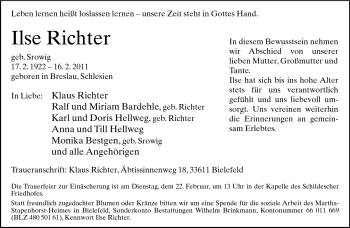 Traueranzeige von Ilse Richter von Neue Westfälische