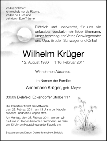 Traueranzeige von Wilhelm Krüger von Neue Westfälische