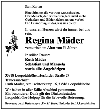 Traueranzeige von Regina Mäder von Neue Westfälische
