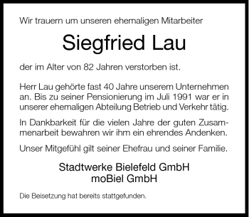 Traueranzeige von Siegfried Lau von Neue Westfälische