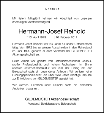 Traueranzeige von Hermann-Josef Reinhold von Neue Westfälische