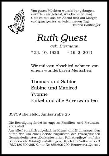 Traueranzeige von Ruth Quest von Neue Westfälische