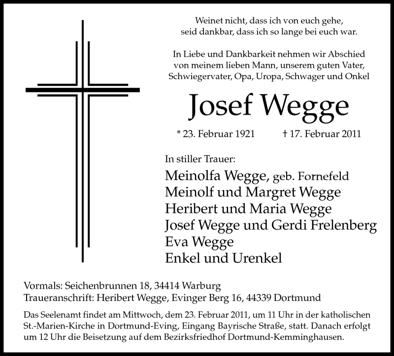  Traueranzeige für Josef Wegge vom 21.02.2011 aus Neue Westfälische