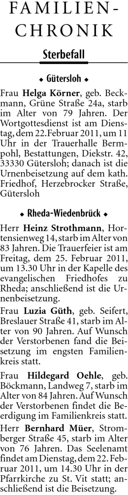  Traueranzeige für Helga Körner vom 21.02.2011 aus Neue Westfälische