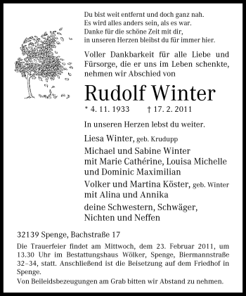 Traueranzeige von Rudolf Winter von Neue Westfälische