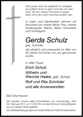 Traueranzeige von Gerda Schulz von Neue Westfälische
