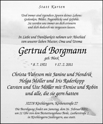 Traueranzeige von Gertrud Borgmann von Neue Westfälische