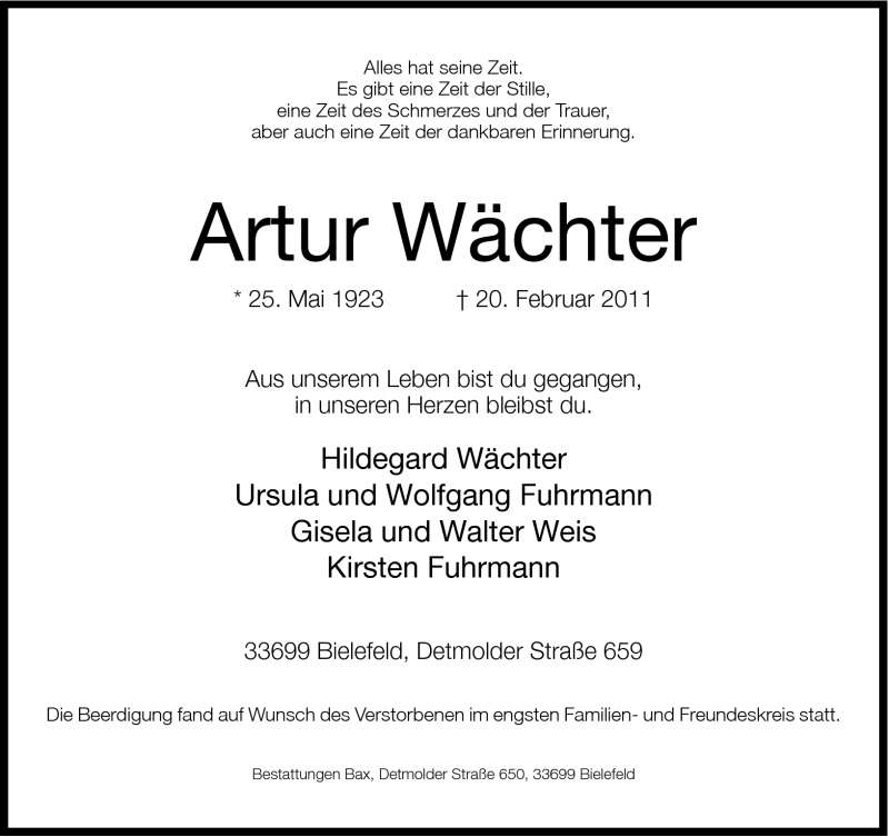  Traueranzeige für Artur Wächter vom 25.02.2011 aus Neue Westfälische