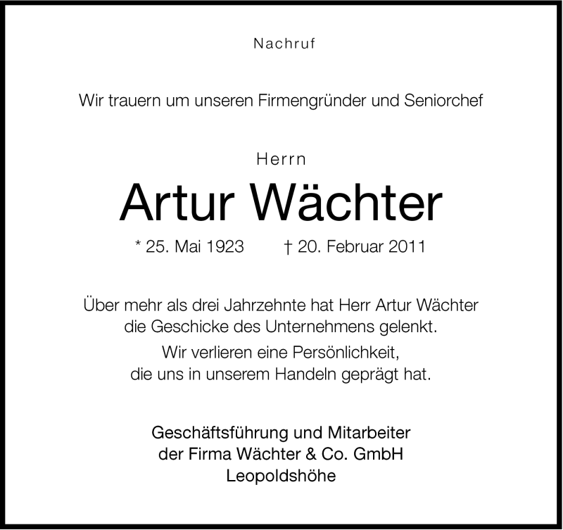  Traueranzeige für Artur Wächter vom 25.02.2011 aus Neue Westfälische
