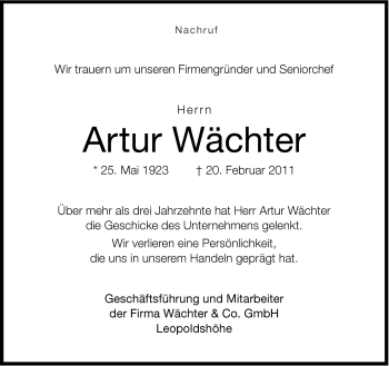 Traueranzeige von Artur Wächter von Neue Westfälische