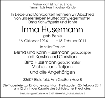 Traueranzeige von Irma Husemann von Neue Westfälische