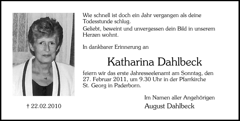 Traueranzeige für Katharina Dahlbeck vom 23.02.2011 aus Neue Westfälische