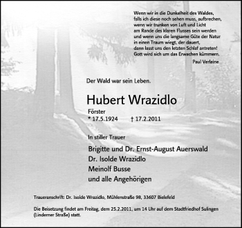 Traueranzeige von Hubert Wrazidlo von Neue Westfälische